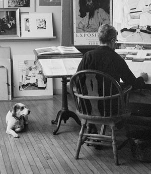 Reference photo of Norman Rockwell working on "First Trip to the Beauty Parlor" with dog Pitter in his Stockbridge studio, 1972. Photo by Bill Scovill. Norman Rockwell Museum Collections. ©NRELC: Niles, IL