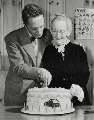 Photo of Norman Rockwell and Grandma Moses, circa 1949. Photographer unknown. Norman Rockwell Museum Digital Collections. ©NRELC: Niles, IL.