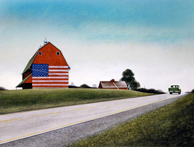 Wendell Minor, "Heartland (Red Barn Flag)," 1989. Cover illustration for "Heartland" by Diane Siebert, Thomas Y. Crowell, New York. ©Wendell Minor. All rights reserved.